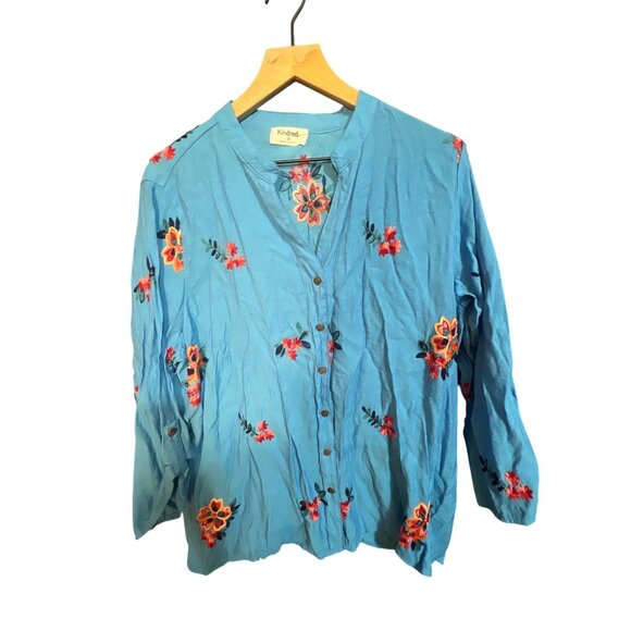 Kindred Womens 3X Blue Button-Up Shirt With Floral Embroidery Lightweight & Comf - Picture 1 of 5